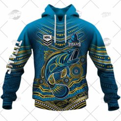 Alternative view of NRL Gold Coast Titans Custom Name Number 2022 Indigenous Fishing Jersey Pullover Hoodie
