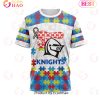 NRL Newcastle Knights Custom Name Number Autism Awareness T-Shirt
