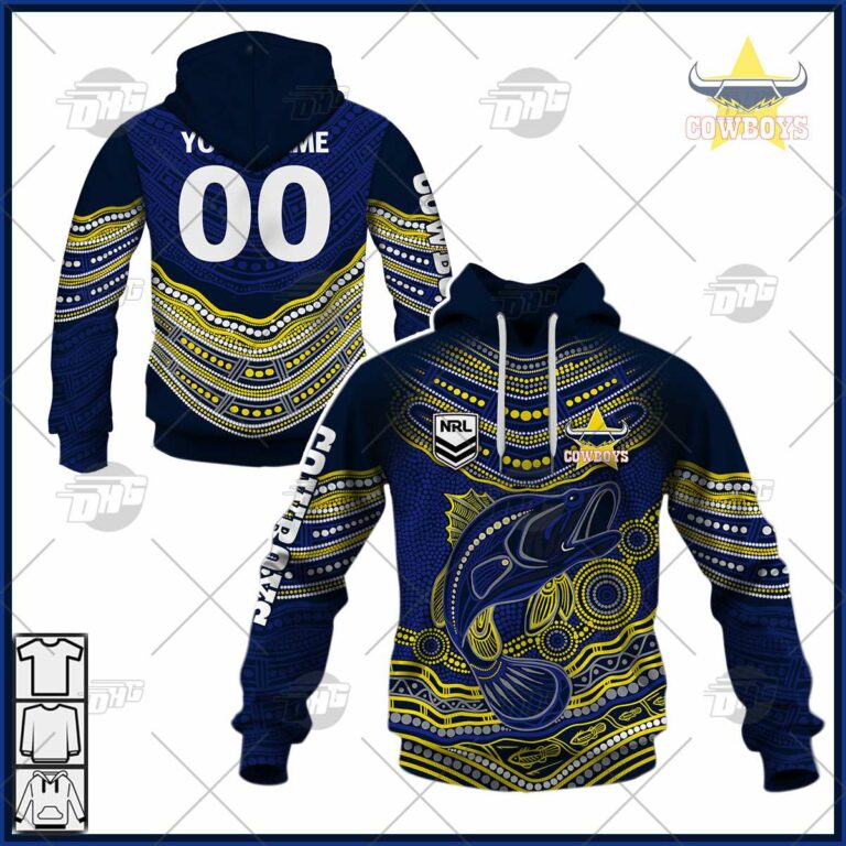 NRL North Queensland Cowboys Custom Name Number 2022 Indigenous Fishing Jersey Pullover Hoodie