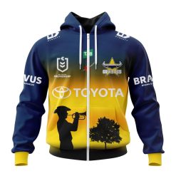 NRL North Queensland Cowboys Custom Name Number 2023 ANZAC Day Jersey Zip Up Hoodie