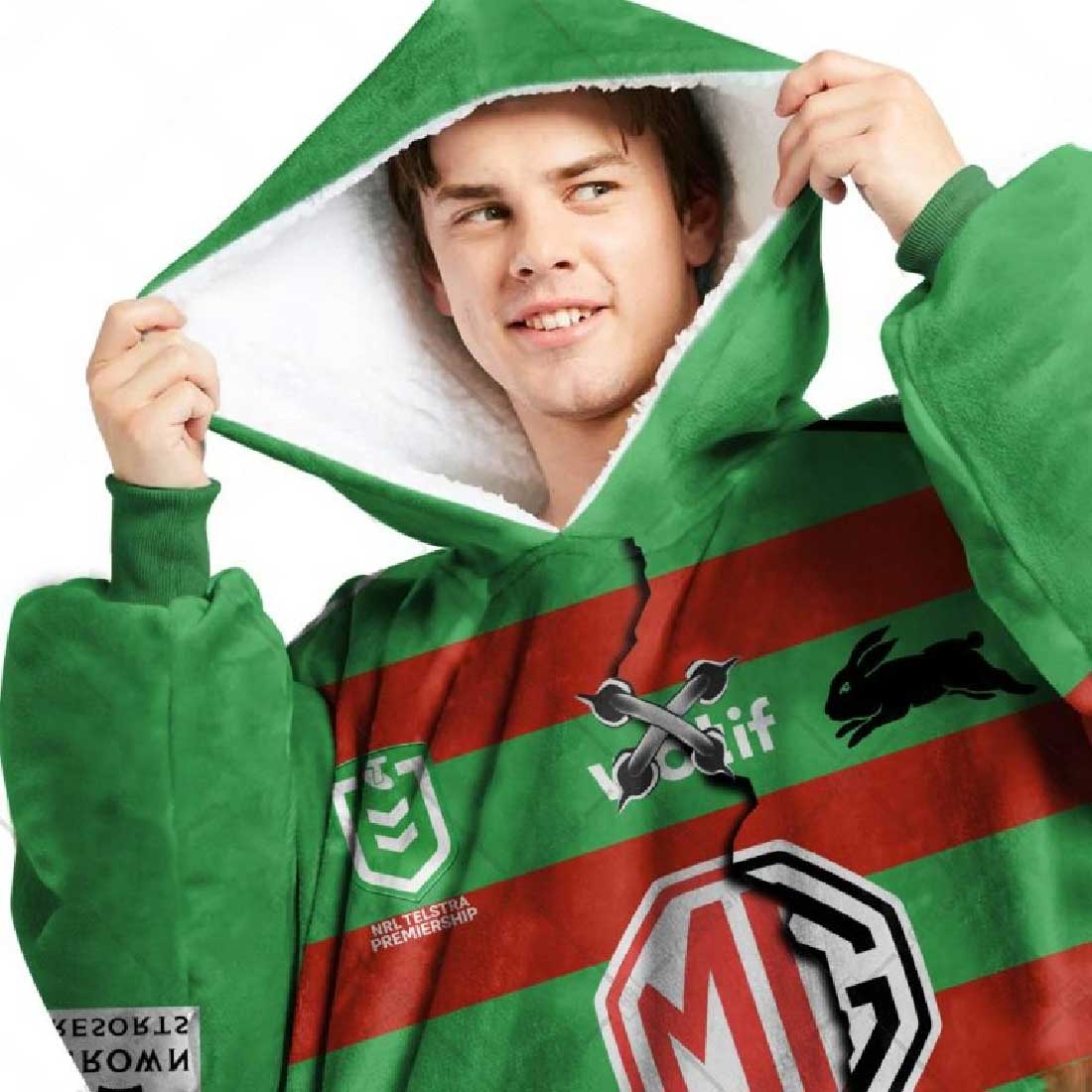 NRL South Sydney Rabbitohs Custom Name Number 2023 Mix Jersey V2 Fleece Oodie - Image 3
