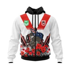 NRL St. George Illawarra Dragons Custom Name Number 2022 ANZAC Day Zip Up Hoodie