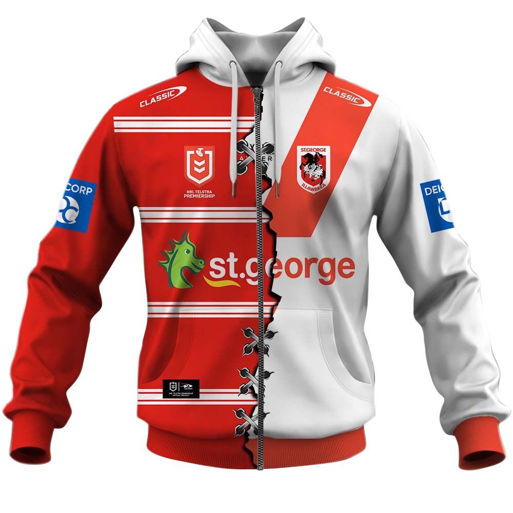 NRL St. George Illawarra Dragons Custom Name Number 2023 Mix Jersey V2 Zip Up Hoodie