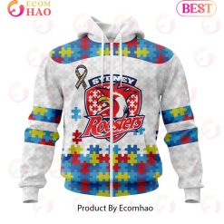 NRL Sydney Roosters Custom Name Number Autism Awareness Zip Up Hoodie