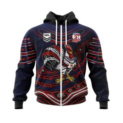 NRL Sydney Roosters Custom Name Number Indigenous Mascot Zip Up Hoodie