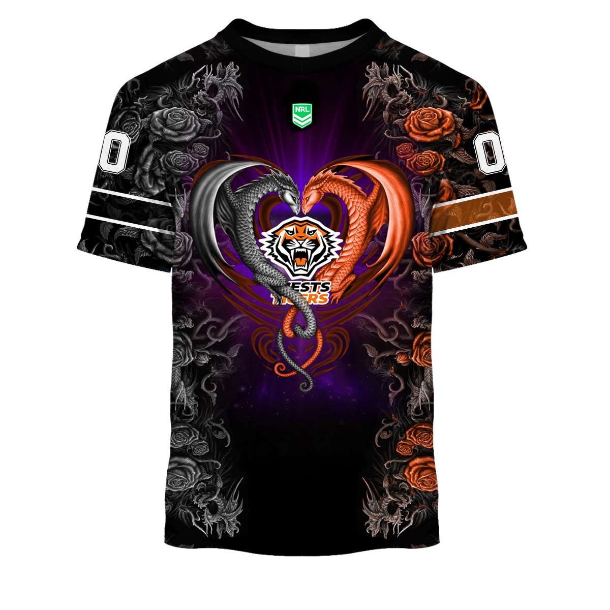 NRL Wests Tigers Custom Name Number Rose Dragon T-Shirt