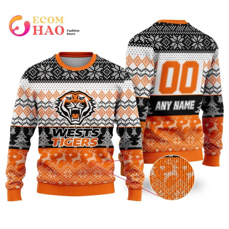 NRL Wests Tigers Custom Name Number Ugly Christmas Sweater