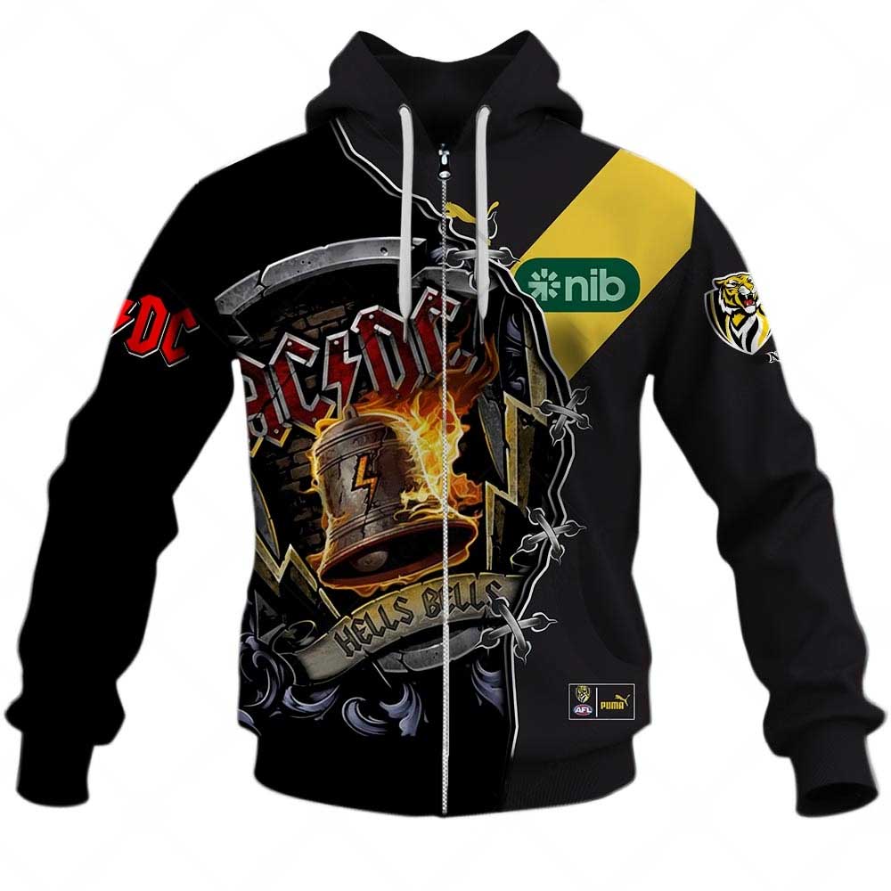 AFL Richmond Tigers AC/DC Mix Custom Name Number 2023 Home Guernsey Zip Up Hoodie