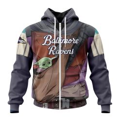 NFL Baltimore Ravens Custom Name Number Mandalorian And Baby Yoda Zip Up Hoodie
