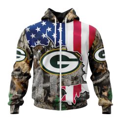 NFL Green Bay Packers Custom Name Number USA Flag Camo Realtree Zip Up Hoodie