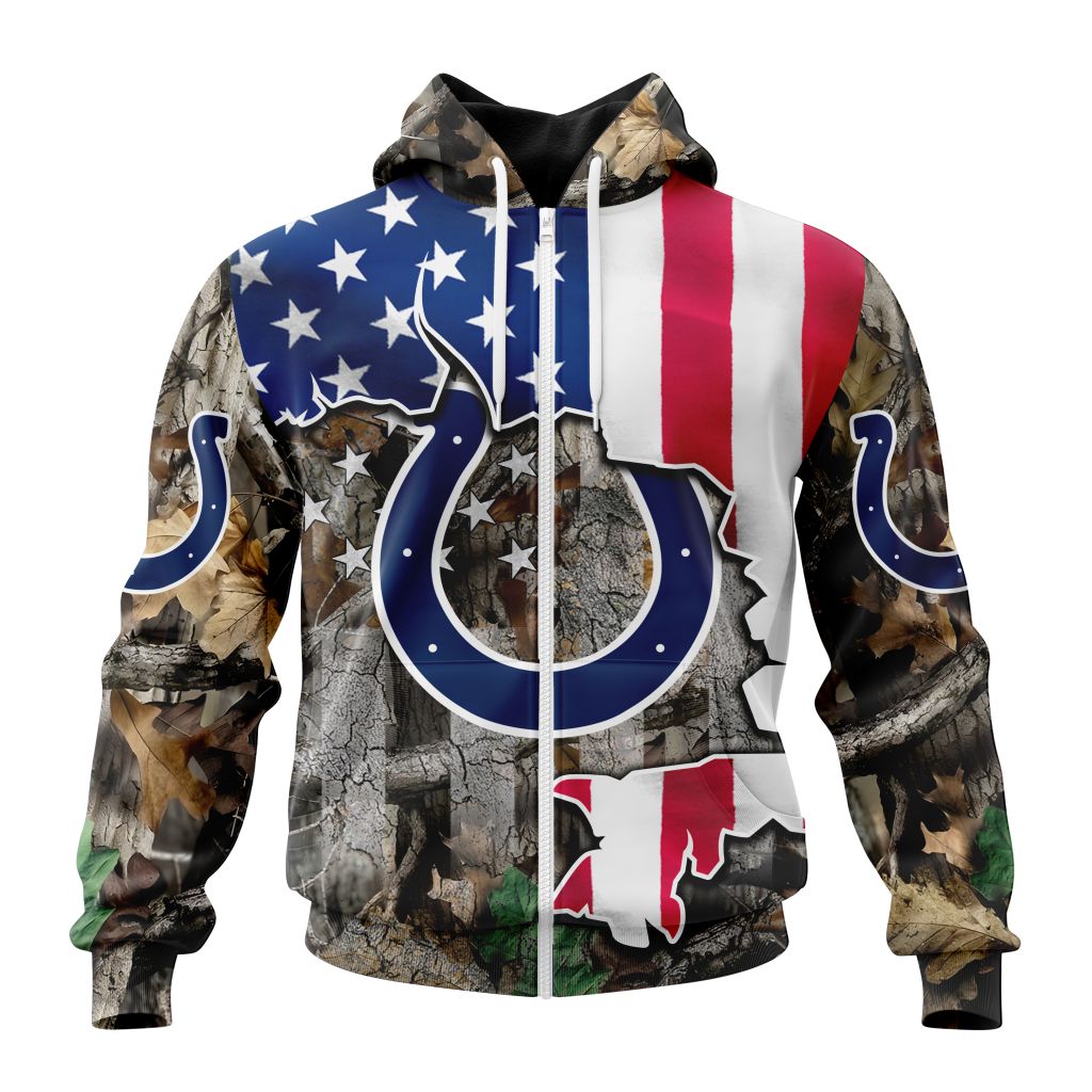 NFL Indianapolis Colts Custom Name Number USA Flag Camo Realtree Zip Up Hoodie