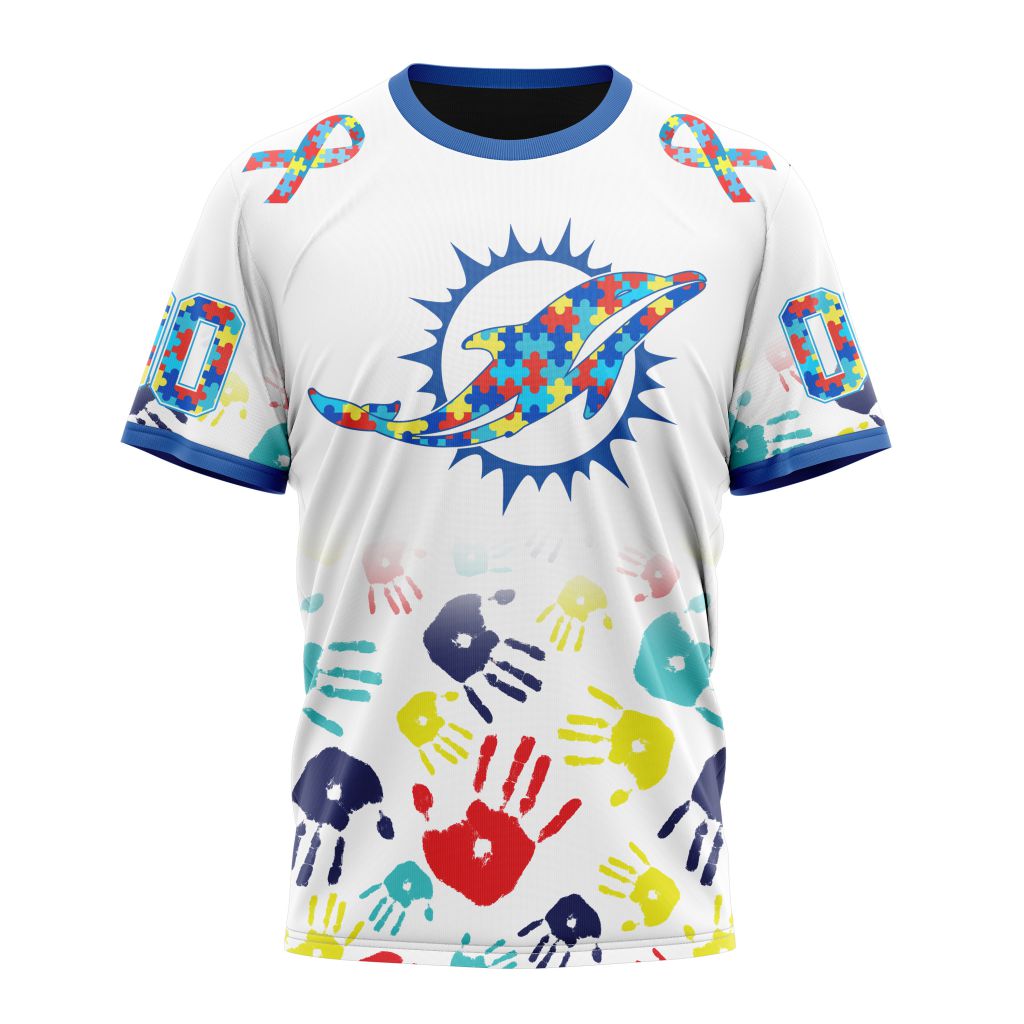 NFL Miami Dolphins Custom Name Number Autism Awareness Hands T-Shirt