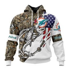 NFL Miami Dolphins Custom Name Number Fishing With Flag Of USA Pullover Hoodie