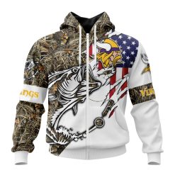 NFL Minnesota Vikings Custom Name Number Fishing With Flag Of USA Zip Up Hoodie