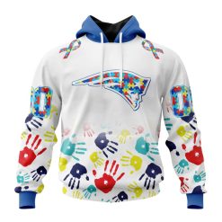 NFL New England Patriots Custom Name Number Autism Awareness Hands Pullover Hoodie