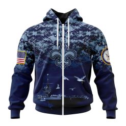 NFL New Orleans Saints Custom Name Number Honor US Navy Veterans Zip Up Hoodie