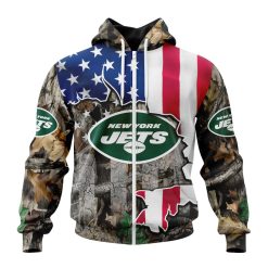 NFL New York Jets Custom Name Number USA Flag Camo Realtree Zip Up Hoodie