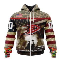 NHL Anaheim Ducks Custom Name Number Remember Pearl Harbor Zip Up Hoodie