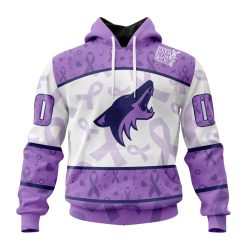 NHL Arizona Coyotes Custom Name Number Lavender Hockey Fights Cancer Pullover Hoodie