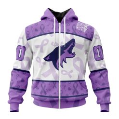 NHL Arizona Coyotes Custom Name Number Lavender Hockey Fights Cancer Zip Up Hoodie