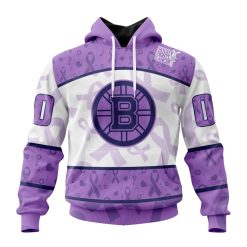 NHL Boston Bruins Custom Name Number Lavender Hockey Fights Cancer Pullover Hoodie