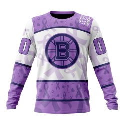 NHL Boston Bruins Custom Name Number Lavender Hockey Fights Cancer Sweatshirt