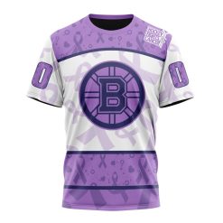 NHL Boston Bruins Custom Name Number Lavender Hockey Fights Cancer T-Shirt