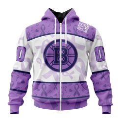 NHL Boston Bruins Custom Name Number Lavender Hockey Fights Cancer Zip Up Hoodie