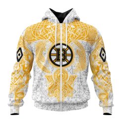 NHL Boston Bruins Custom Name Number Norse Viking Symbols Zip Up Hoodie