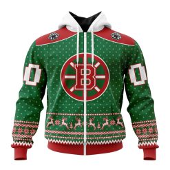 NHL Boston Bruins Custom Name Number Ugly Christmas Zip Up Hoodie