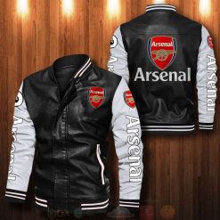 Arsenal FC Black White Leather Bomber Jacket