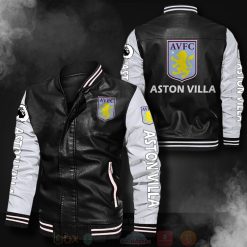 Aston Villa FC Black White Leather Bomber Jacket