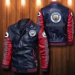 Manchester City Navy Red Leather Bomber Jacket