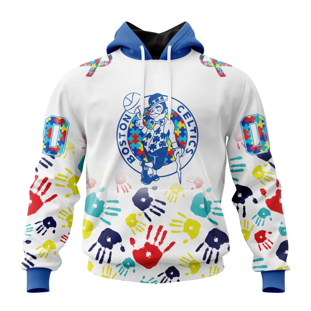 NBA Boston Celtics Custom Name Number Autism Awareness Hands Pullover Hoodie