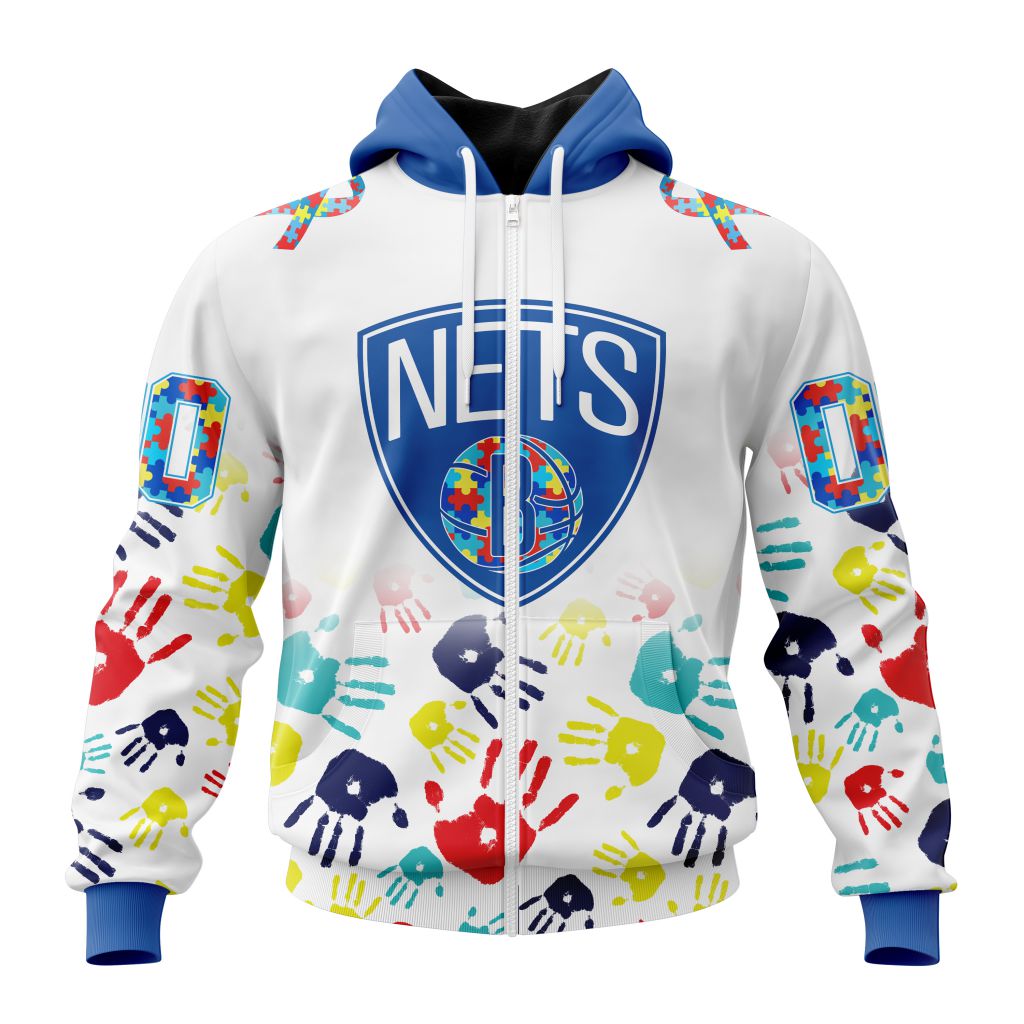 NBA Brooklyn Nets Custom Name Number Autism Awareness Hands Zip Up Hoodie