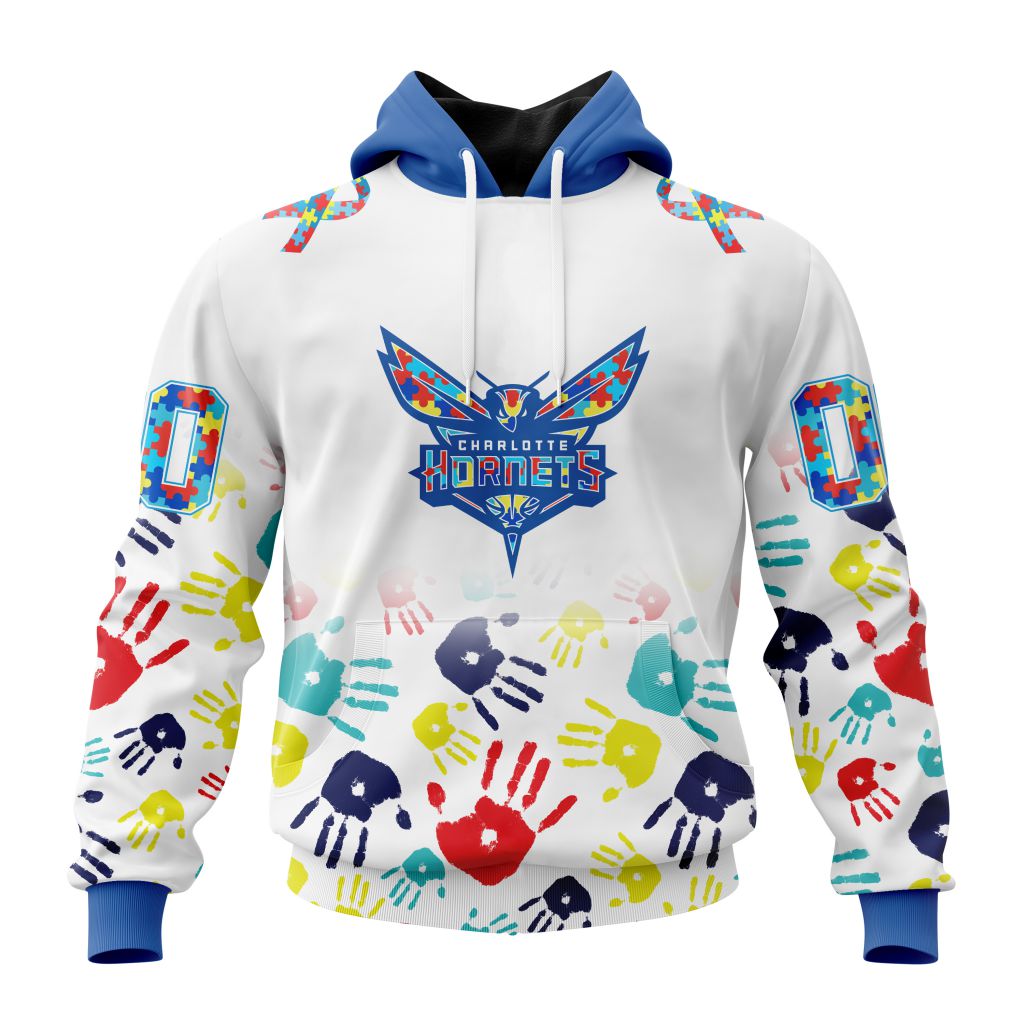 NBA Charlotte Hornets Custom Name Number Autism Awareness Hands Pullover Hoodie