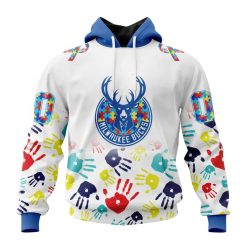 NBA Milwaukee Bucks Custom Name Number Autism Awareness Hands Pullover Hoodie