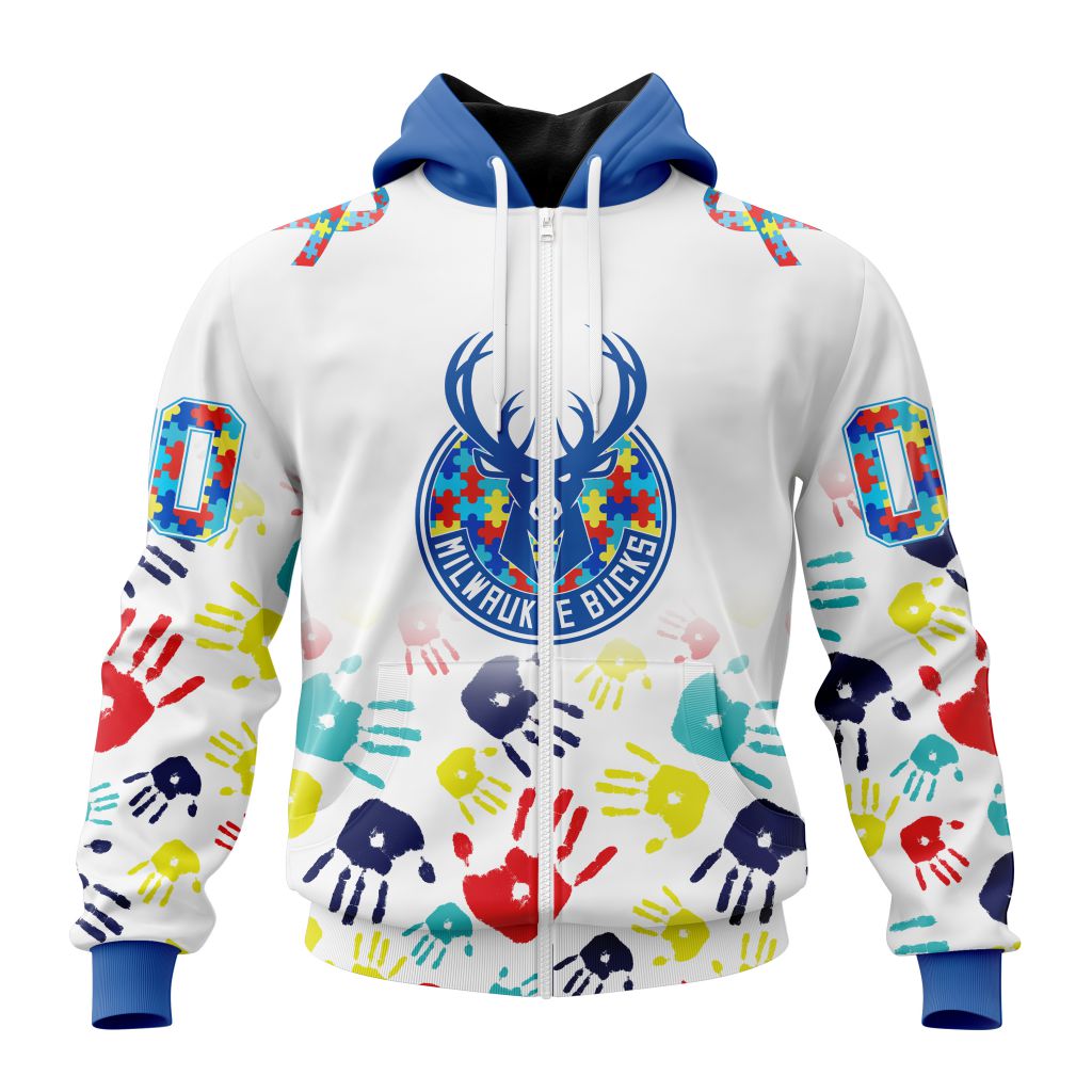 NBA Milwaukee Bucks Custom Name Number Autism Awareness Hands Zip Up Hoodie