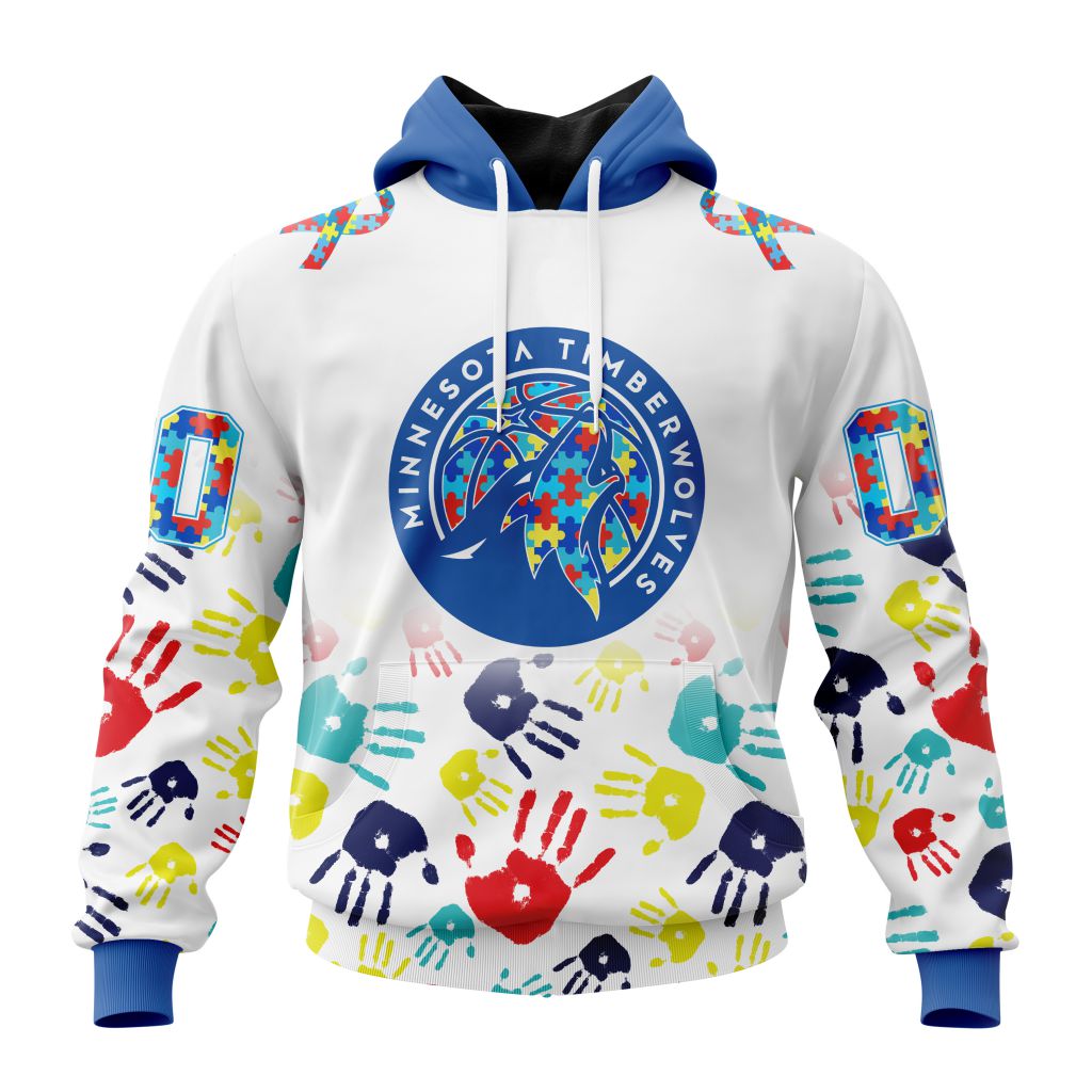 NBA Minnesota Timberwolves Custom Name Number Autism Awareness Hands Pullover Hoodie