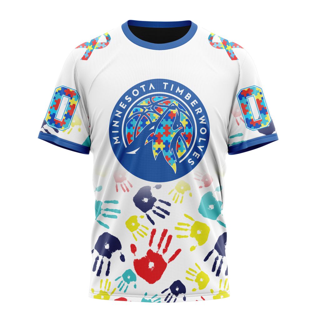 NBA Minnesota Timberwolves Custom Name Number Autism Awareness Hands T-Shirt
