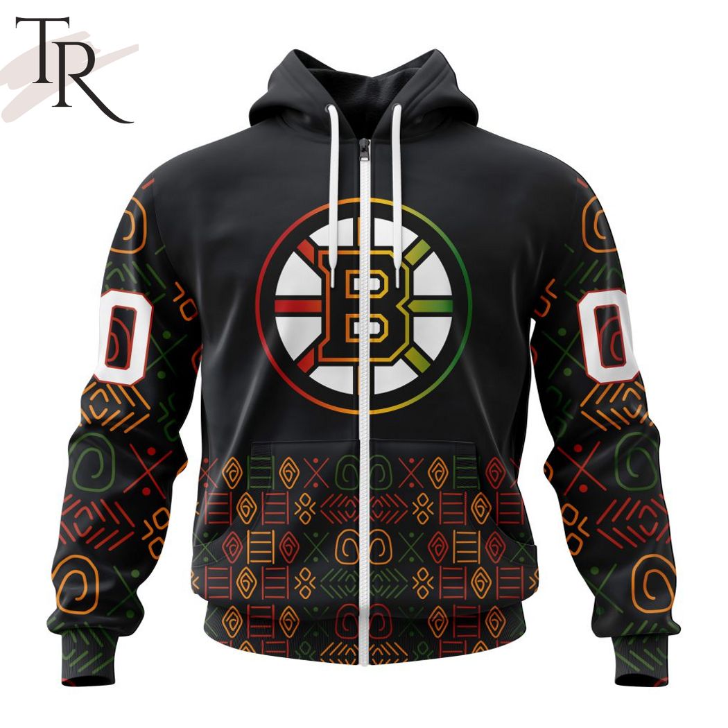 NHL Boston Bruins Custom Name Number Black History Month Zip Up Hoodie
