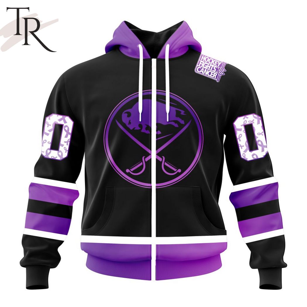 NHL Buffalo Sabres Custom Name Number Black Hockey Fights Cancer Zip Up Hoodie