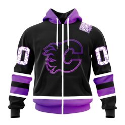 NHL Calgary Flames Custom Name Number Black Hockey Fights Cancer Zip Up Hoodie