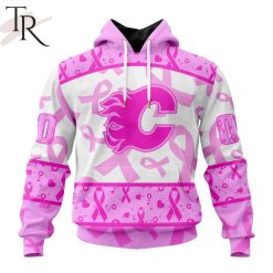 NHL Calgary Flames Custom Name Number Breast Cancer Awareness Month Pullover Hoodie