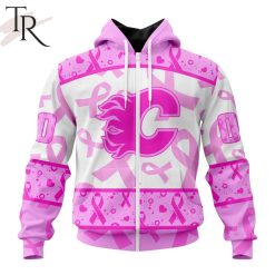 NHL Calgary Flames Custom Name Number Breast Cancer Awareness Month Zip Up Hoodie