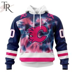 NHL Calgary Flames Custom Name Number Breast Cancer Tie-Dye Pullover Hoodie