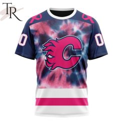 NHL Calgary Flames Custom Name Number Breast Cancer Tie-Dye T-Shirt