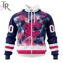 NHL Calgary Flames Custom Name Number Breast Cancer Tie-Dye Zip Up Hoodie
