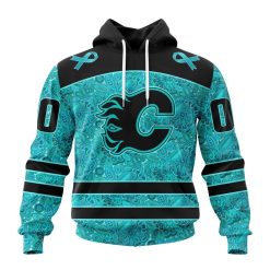 NHL Calgary Flames Custom Name Number Fight Ovarian Cancer Pullover Hoodie