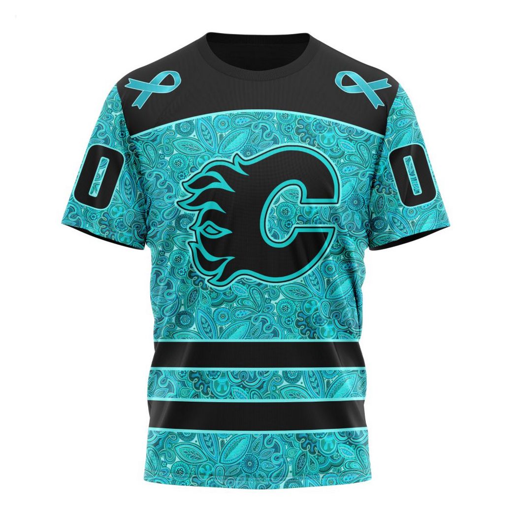 NHL Calgary Flames Custom Name Number Fight Ovarian Cancer T-Shirt